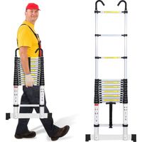 TolleTour Escalera telescópica plateada Pro de 4,4 m con estabilizador y ganchos, 150 kg