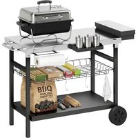 Carrello Barbecue da Esterno con Piano in Acciaio Inossidabile, Porta Spezie, Ganci e Maniglia Laterale, Nero