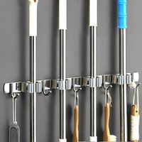 RTGPT Wandmontierter Besenhalter aus Edelstahl mit 4 Schlitzen und 5 Haken, ideal für Küche, Bad, Garage und Garten, Farbe: Grau.