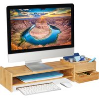Relaxdays Monitorständer Bambus, Bildschirmerhöhung für Schreibtisch, HBT: 13 x 70 x 19 cm, Schublade & 7 Fächer, natur