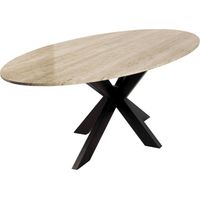Table ovale élégante en travertin - Beige travertin et noir élégant