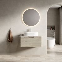 Meuble vasque suspendu 80 cm, vasque ovale plan travertin chêne crème