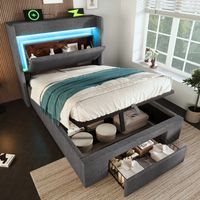 Cama tapizada 90/200 cm gris de lino con almacenaje hidráulico, LED y USB/USB-C