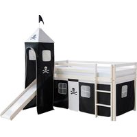 Décoshop26 – Lit mezzanine 90x200cm avec échelle toboggan réversible – Bois blanc, toile noir pirate – LIT06154