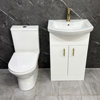 Cloakroom Suite White Vanity Unit with Brass Handles 550mm and Closed Back Toilet, Without Tap & Waste