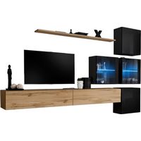 Ensemble meubles de salon SWITCH XIX design, coloris chêne Wotan et noir brillant.