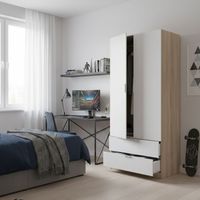 Garderobe Worcester, Schlafzimmerschrank mit 2 Türen und 2 Schubladen, Schrank mit Kleiderbügelstange, cm 82x52h180, Weiß und Eiche