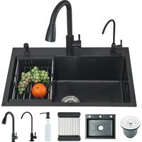 Évier de Cuisine Noir en Acier Inoxydable Évier Simple avec Robinet Extensible Grand Cuve 1 Bac Distributeur de Savon Panier égoutteur (55 45CM)Evier de Cuisine Kit