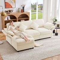 Divano angolare a L a 3 posti con poggiapiedi, trasformabile in letto, braccioli regolabili, tessuto ciniglia, ideale per il soggiorno, beige