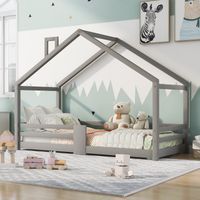Lit Cabane Lit Simple 90×200 cm avec Barrière de Sécurité et Toit avec Cheminée, sans Matelas, Gris