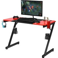 Costway – Bureau gamer en fibre de carbone 120 x 60 x 76 cm – Structure métallique en Z – Porte-gobelet et supports audio – Noir et rouge