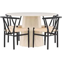 Lanzo Essgruppe Tisch Ø120cm und 4 Stühle mit Armlehnen stapelbar whitewash.