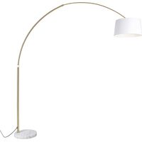 Qazqa – Lampadaire à arc en laiton avec abat-jour tissu blanc 50 cm – Hauteur réglable 210-269 cm – Éclairage intérieur moderne – E27 max 60W