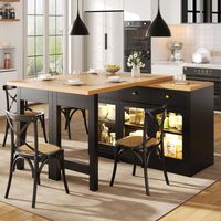 Extendable Kitchen Island with LED Lights, 120-200cm Adjustable Dining Table with Storage, 3 Drawers & Glass Cabinets, White/Black