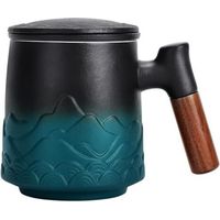 Mug en céramique avec filtre et couvercle, grande tasse à infusion avec anse en bois, coffret cadeau (vert)