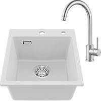 CECIPA MAX Évier de cuisine en granit blanc 40 x 45 cm evier 1 bac et robinet de cuisine en acier inoxydable – parfaitement assortis, avec siphon inclus
