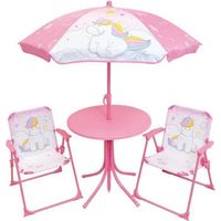 Mobilier de jardin - FUN HOUSE - Salon de jardin Licorne : Table H.46 x 46 cm, 2 chaises pliantes, parasol H.125 x�100 cm