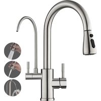 Rovogo – Mitigeur d'évier de cuisine 3 voies – Eau filtrée, chaude et froide – Acier inoxydable 304 brossé – Douchette extractible 3 modes – Rotation 360°