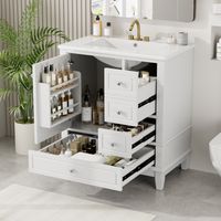 30-Zoll Badezimmerwaschtisch mit Waschbecken, eine Tür mit Regal und drei Schubladen, Soft-Close-Tür, weiß