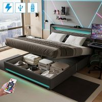 Erwachsenenbett 140x190 cm, Polsterbett mit USB-C Ladefunktion, hydraulischem Stauraum, Lattenrost aus Holz, Metallrahmen, gepolstertes Leinenbett - Grau