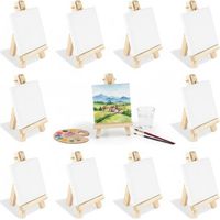 12 Pack Mini Easel Stand with Pre-Stretched Canvas - 8 x 8cm Wooden Display Easel for Painting, Art Crafts, Kids & Artists Portable Tabletop Tripod (10 10 cm)