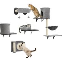 Pawhut – Arbre à chat mural 5 niveaux – 2 niches, hamac, plateformes, griffoirs en sisal – Montage mural, gris