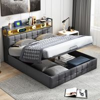FOERPL-Polsterbett 140 x 200 cm mit Stauraum, LED-Beleuchtung und USB-Anschluss, gepolstertes Doppelbett 140x200 mit hydraulischem Stauraum, Bettgestell mit Lattenrost und Kopfteil für Erwachsene