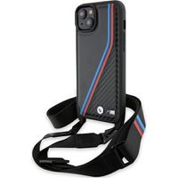Custodia rigida nera/nera per iPhone 15 Plus / 14 Plus 6.7, edizione M, con linee e cinturino in carbonio tricolore. BMW BMHCP15M23PSVTK.