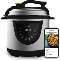 NEWLUX - Pentola a Pressione Elettrica 6 Litri Acciaio inossidabile V110 1000W con 10 Menù. Programmabile 24h, Conserva il Calore, Sistema Duopressione e 100% Antiaderente