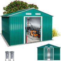 GARDEBRUK® XXXL 8x10' Metal Tool Shed With Foundation 8m² 15m² Apex Roof 312x257x178cm Sliding Door Galvanised Steel Garden Equipment Bike Log Storage Green