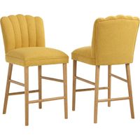 Wahson 2Pcs Bar Stools Chenille, Upholstere Counter Bar Chairs with Wooden Legs and Breakfast Stools for Home Kitchen, Yellow