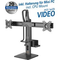 Height adjustable desk stand for 2 flat screens for 2 flat screens 17“ - 27“ (43 - 69 cm), total loads 4 - 12 kg, incl. adjustable cpu mount, with spring system