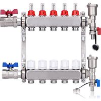 Kit Collecteur Radiateur, 5 Circuits Distributeur Chauffage, avec Vannes à Boisseau Sphérique 1", avec Purgeur Manuel et Débitmètre, Raccords pour Eurocône 3/4, Distributeur HKV