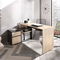 Dmora – Bureau d'angle multi-positions 139x92h75 cm – Chêne et anthracite – Bureau réversible avec tiroir et étagères – Pour petits espaces