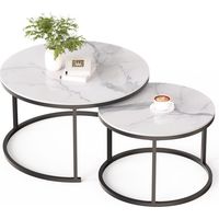 ZL ZELing Table basse ronde, table basse blanche décorative moderne, set de deux, Pierre sinterisée ronde, table d’appoint de salon (60/40 cm), structure en métal solide