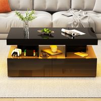 Mesa de centro con iluminación LED, 104 x 53 x 46 cm, moderna mesa de centro de alto brillo, estante abierto y 2 cajones, mesa auxiliar para sala de estar, oficina, color negro.