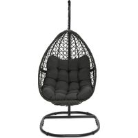 Poltrona a luna sospesa in rattan traforato con cuscino grigio