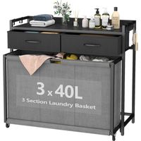 Großer Wäschekorb mit Rollen und 3 Fächern – 3 x 40L Wäschesortierbeutel, Wäschekorb mit zwei Schubladen, ideal für Waschküchen, Schlafzimmer und Badezimmer, Grau
