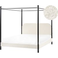 Cama con dosel de metal negro retro minimalista somier de listones madera de álamo tapicería de bouclé blanco crema 160 x 200 cm Dannemois