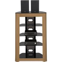 Homeology ZINNIA Black Glass Shelves with Oak Fascia 5-Shelf AV Rack Entertainment Unit Stand