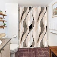 Mold-resistant shower curtain, cream-colored with abstract brown stripes, waterproof polyester fabric, washable bathroom curtain with 10 hooks, 150 x 180 cm