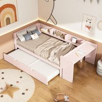 90200cm,lit plat,avec lit lit extensible,avec bureau,trois étagères sur le côté du lit,rose