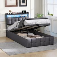 Cama 90 x 200 cm - Cama con canapé de 90 y somier - Cabecero acolchado con espacio de almacenamiento, LED RGB, USB y Type-C - Cama individual - de lino gris