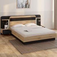 NATHAN Cama de matrimonio de 140 x 190 cm con cabecero, mesillas colgantes, estante, luz LED y somier negro y de madera