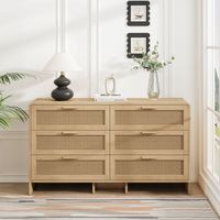 AS EASY 130CM Arc Shaped Corner Rattan Cabinet, 6-Drawers Rattan Storage Cabinet Rattan Drawer, for Living Room Bedroom,and Kitchen, Natural