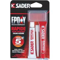 Colle époxy rapide 25ml – Prise en 5 minutes – Ultra résistant jusqu'à 130kg/cm² – Résiste à l'eau et aux températures extrêmes – Sader