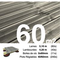 Kit complet terrasse Pin autoclave Gris pour 60 m² • Lames 5,1 m, lambourdes 4,2 m, plots réglables et visserie Inox • Livraison gratuite