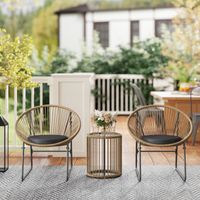 Conjunto de jardín de 3 piezas de ratán y acero con 2 sillas con cojines y una mesa de centro cilíndrica, multicolor.