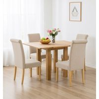 Hallowood Furniture Waverly Small Folding Dining Table and Chairs Set 4, Light Oak Kitchen Table and Roll Top Cream Linen Fabric Dining Chairs, Modern Furniture Set Perfect for Home and Cafes