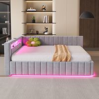 Letto 140x200 cm - struttura letto 140x200 - con contenitore, LED e USB - con schienale, testiera - tessuto velluto grigio chiaro
